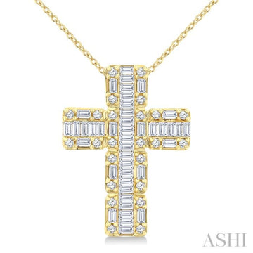 1 Ctw Fusion Baguette and Round Cut Diamond Cross Fashion Pendant With Chain in 14K Yellow Gold